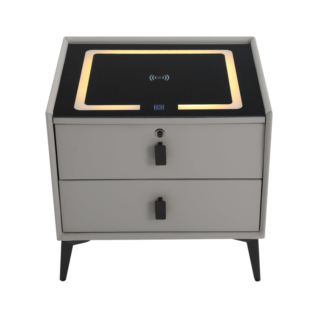 Light Gray 2 Drawer LED Nightstand with Wireless Charging A957307