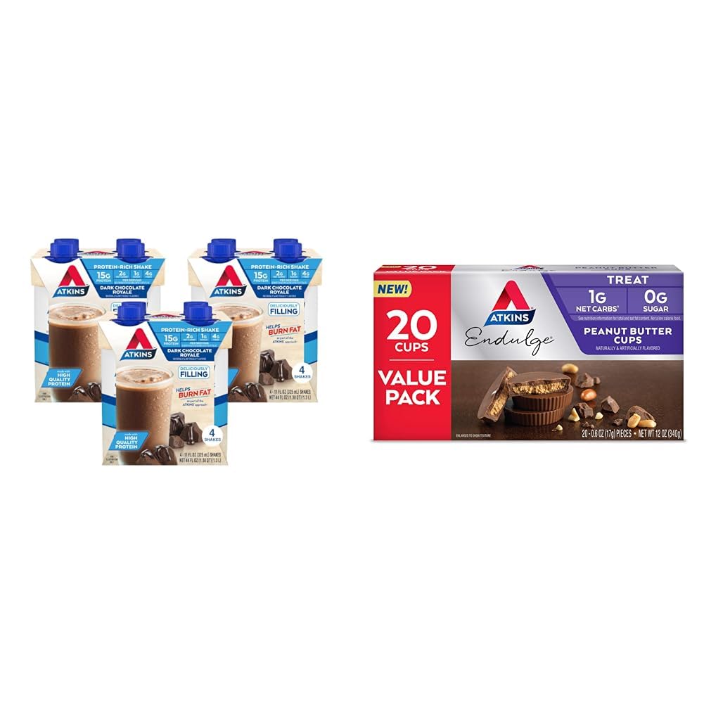 Dark Chocolate Protein Shake, 15g Protein, 2g Net Carb, 12 Count & Peanut Butter Cups, 0g Sugar, 20 Count L800