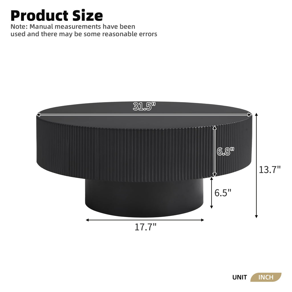 Round Coffee Table, 31.5" Fluted Pedestal Wood Table, Black J625