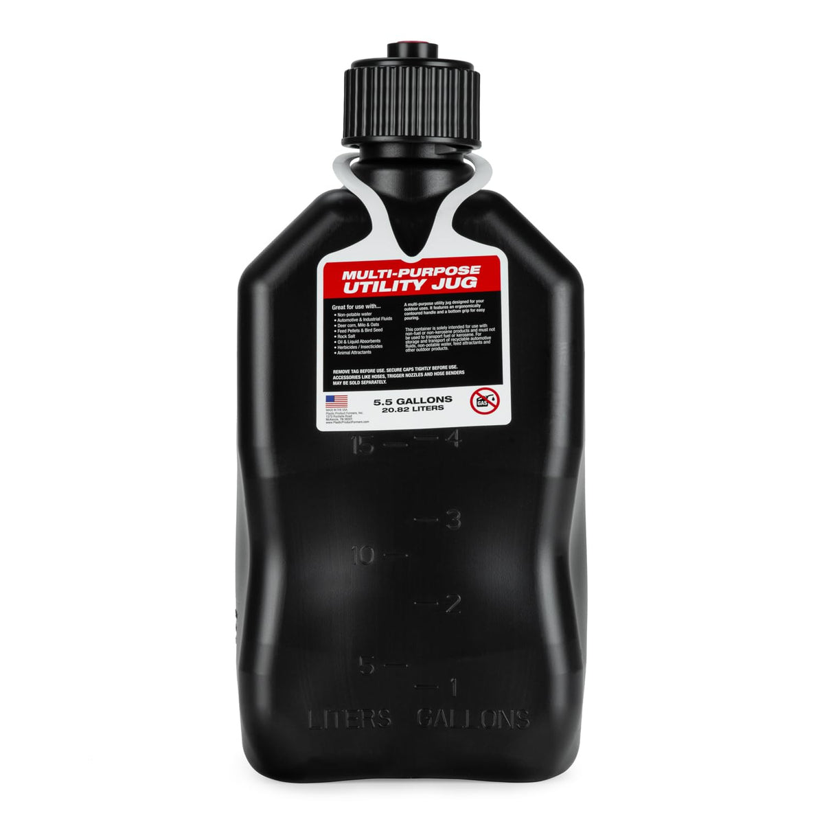 5.5 Gallon Square Motorsport Jug Black with Filler Hoses 4 Pack J6355