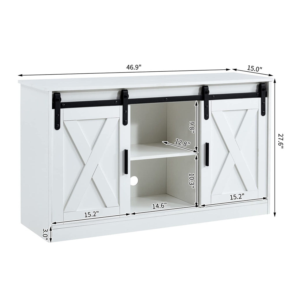 White Farmhouse TV Stand with Sliding Barn Door and Storage Cabinets S5044