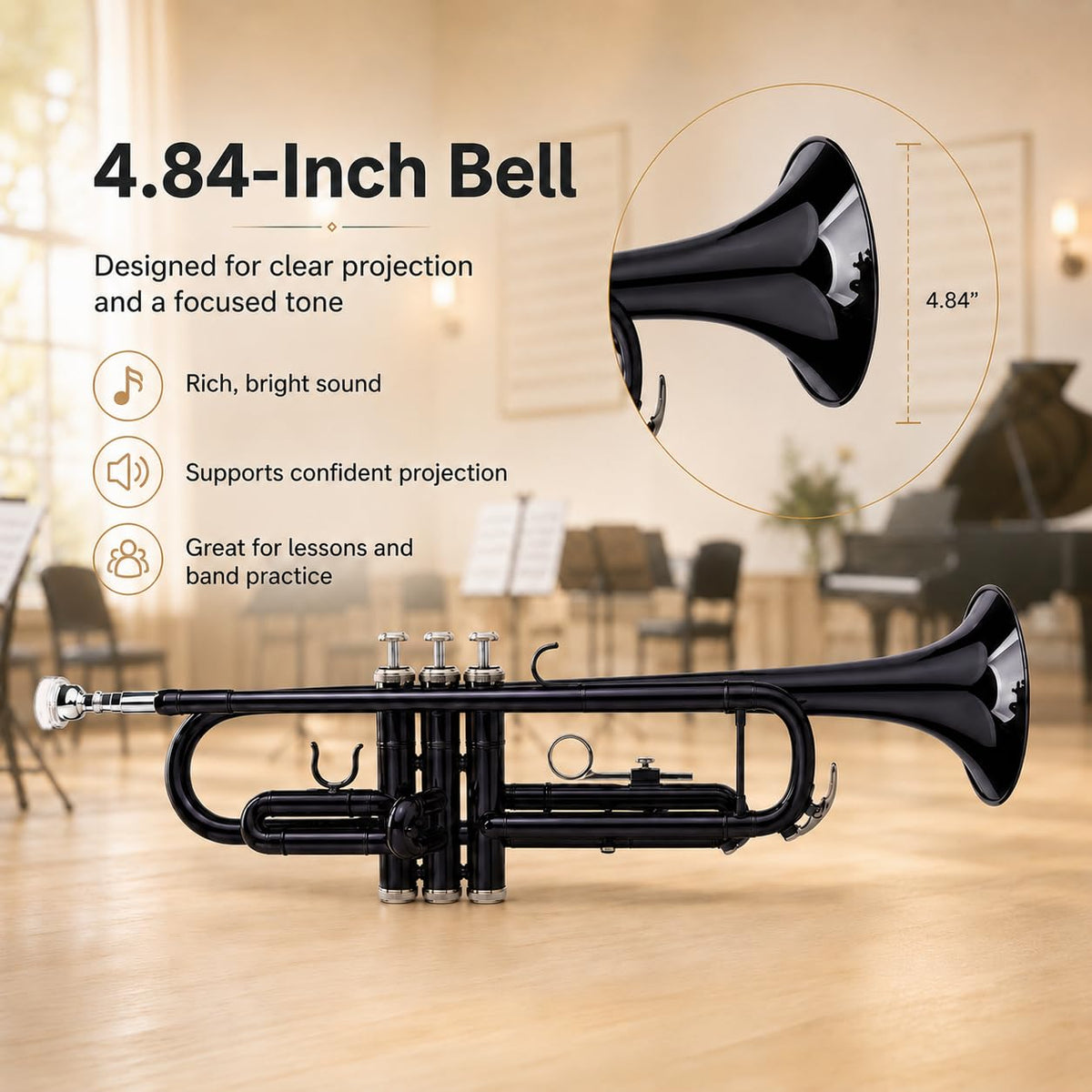 Bb Standard Trumpet Set with Hard Case, 7C Mouthpiece, Cleaning Cloth & Gloves O5001