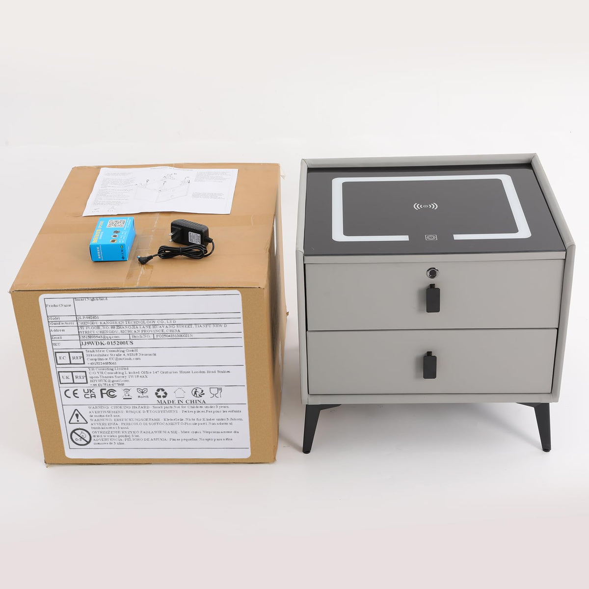 Light Gray 2 Drawer LED Nightstand with Wireless Charging A957307