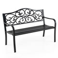 50 Inches Black Cast Iron Metal Patio Bench with Floral Backrest P24451