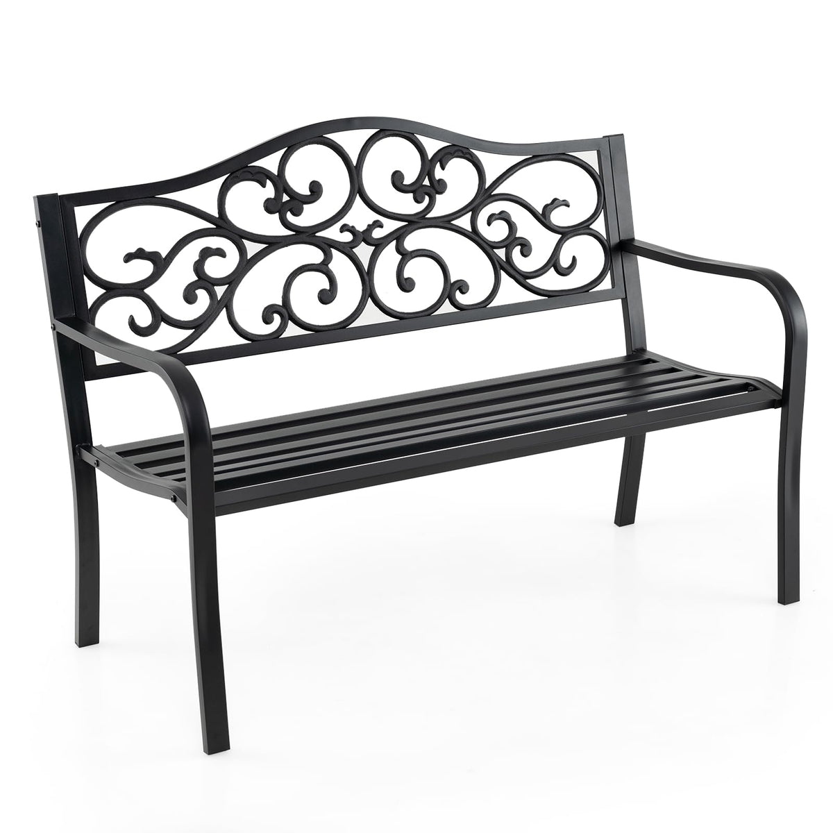 50 Inches Black Cast Iron Metal Patio Bench with Floral Backrest P24451