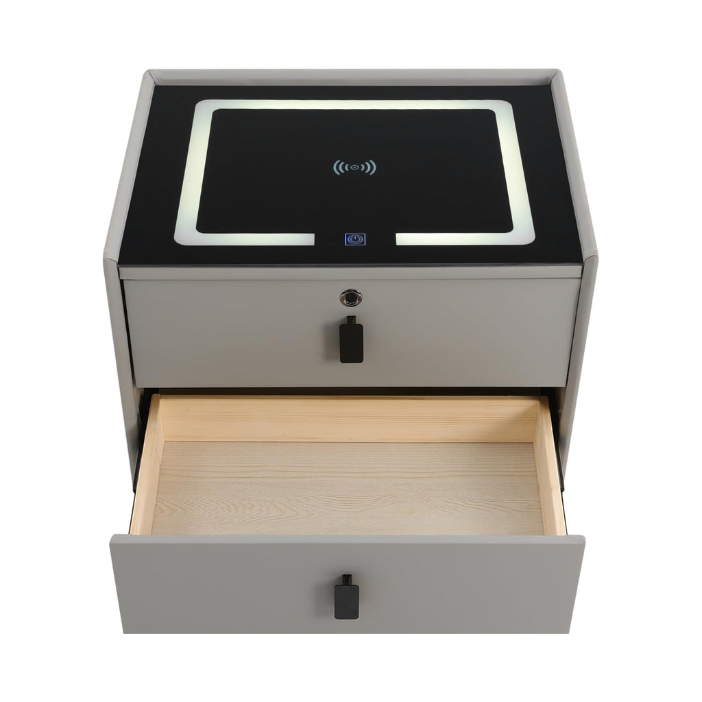 Light Gray 2 Drawer LED Nightstand with Wireless Charging A957307