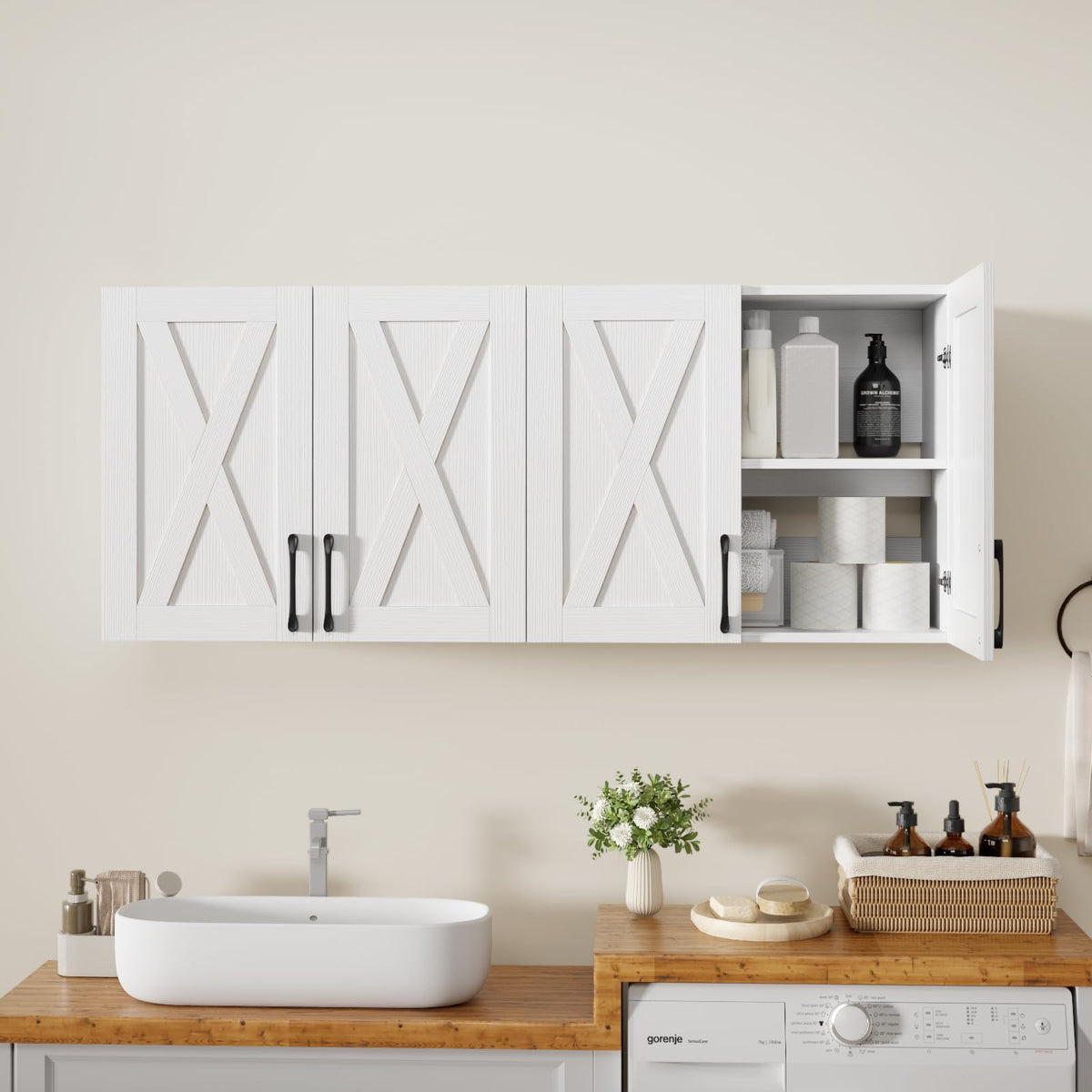 White Wall Mounted Storage Cabinet with 4 Barn Doors P920