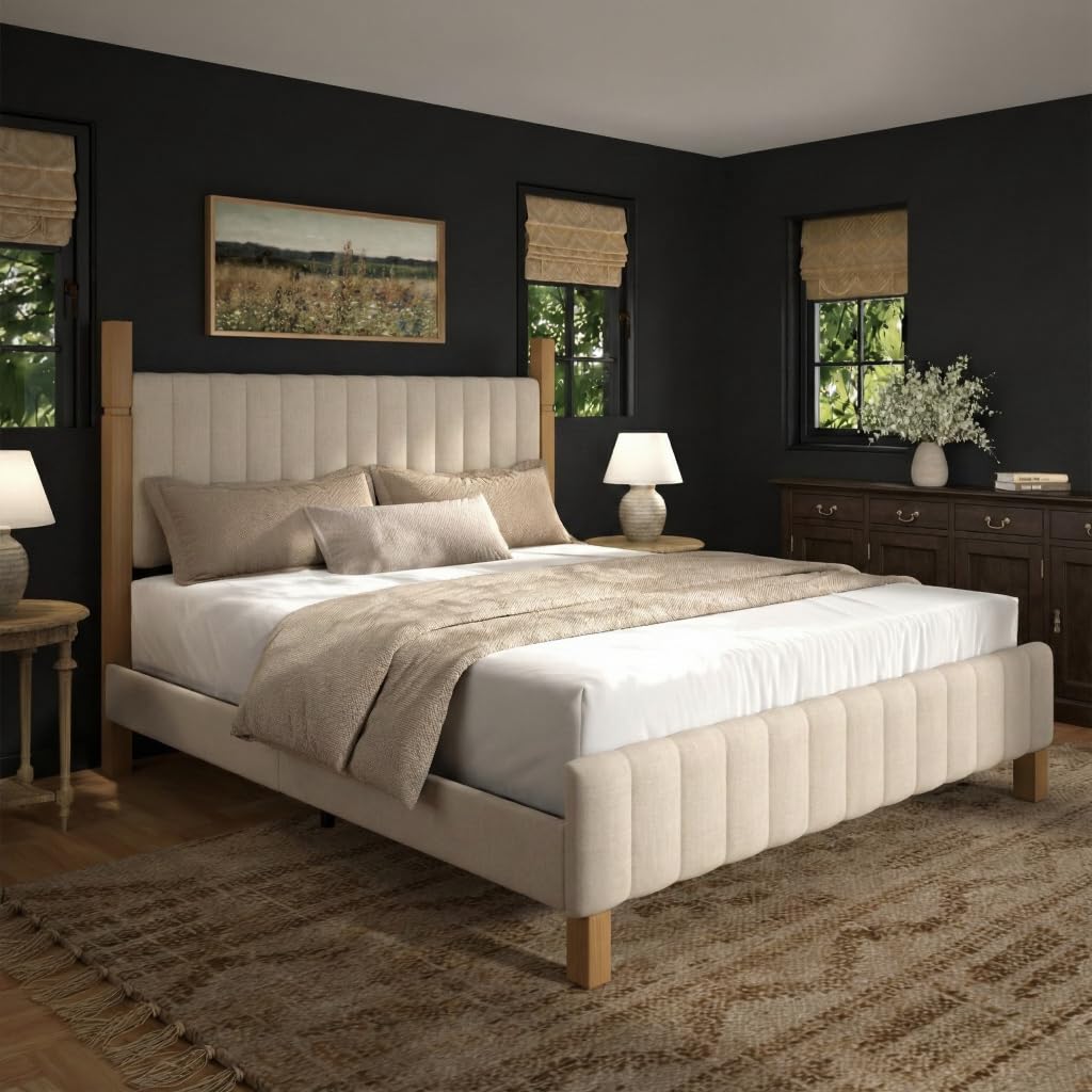 Queen Size Beige Linen Bed Frame with Headboard K659