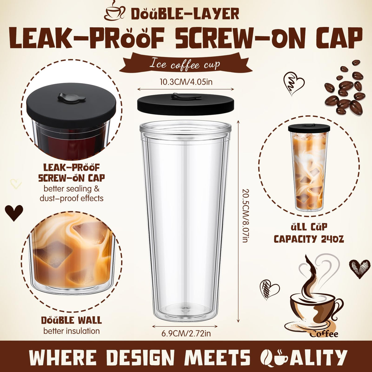2 Pack 24 oz Clear Plastic Insulated Tumblers with Lids and Straws K3781