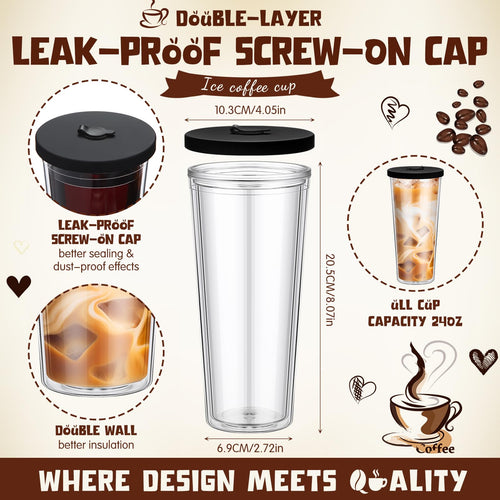 2 Pack 24 oz Clear Plastic Insulated Tumblers with Lids and Straws K3781