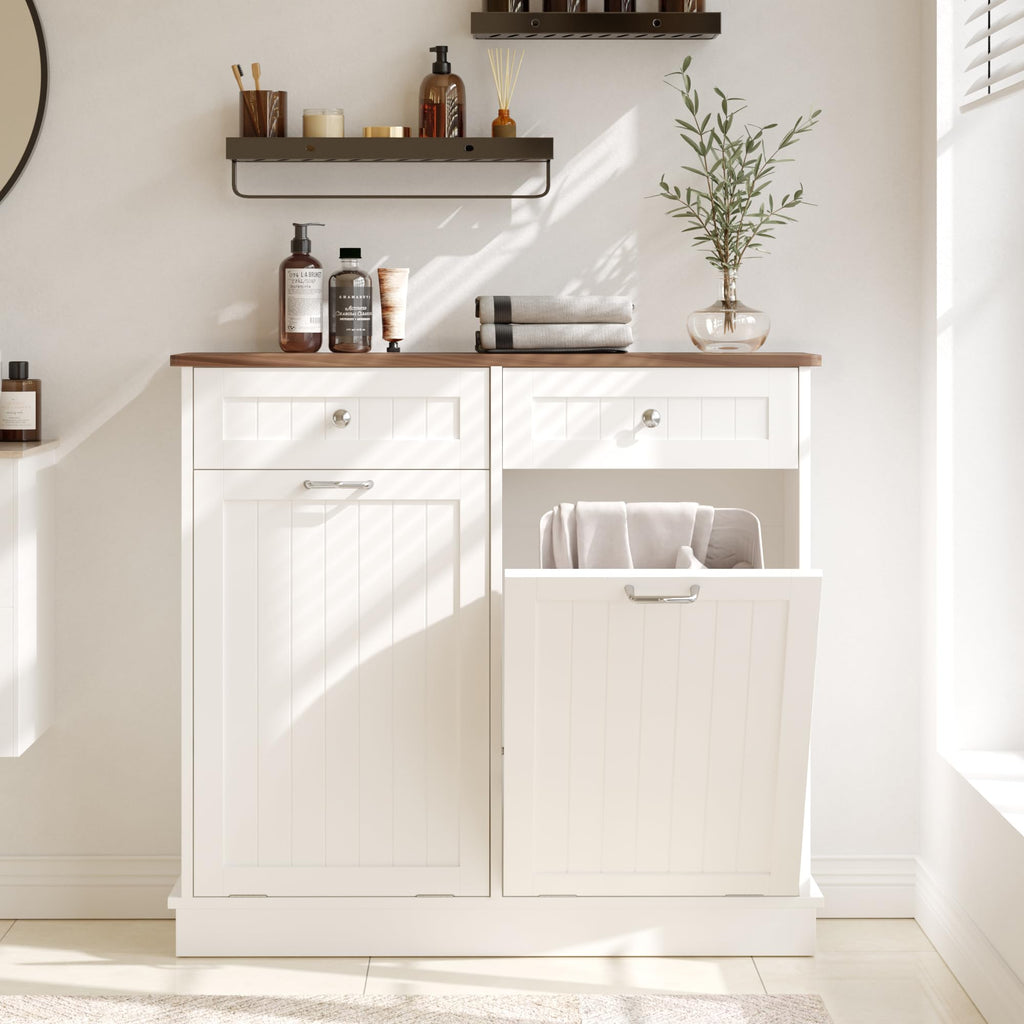 White Tilt Out Trash Can Cabinet B9455