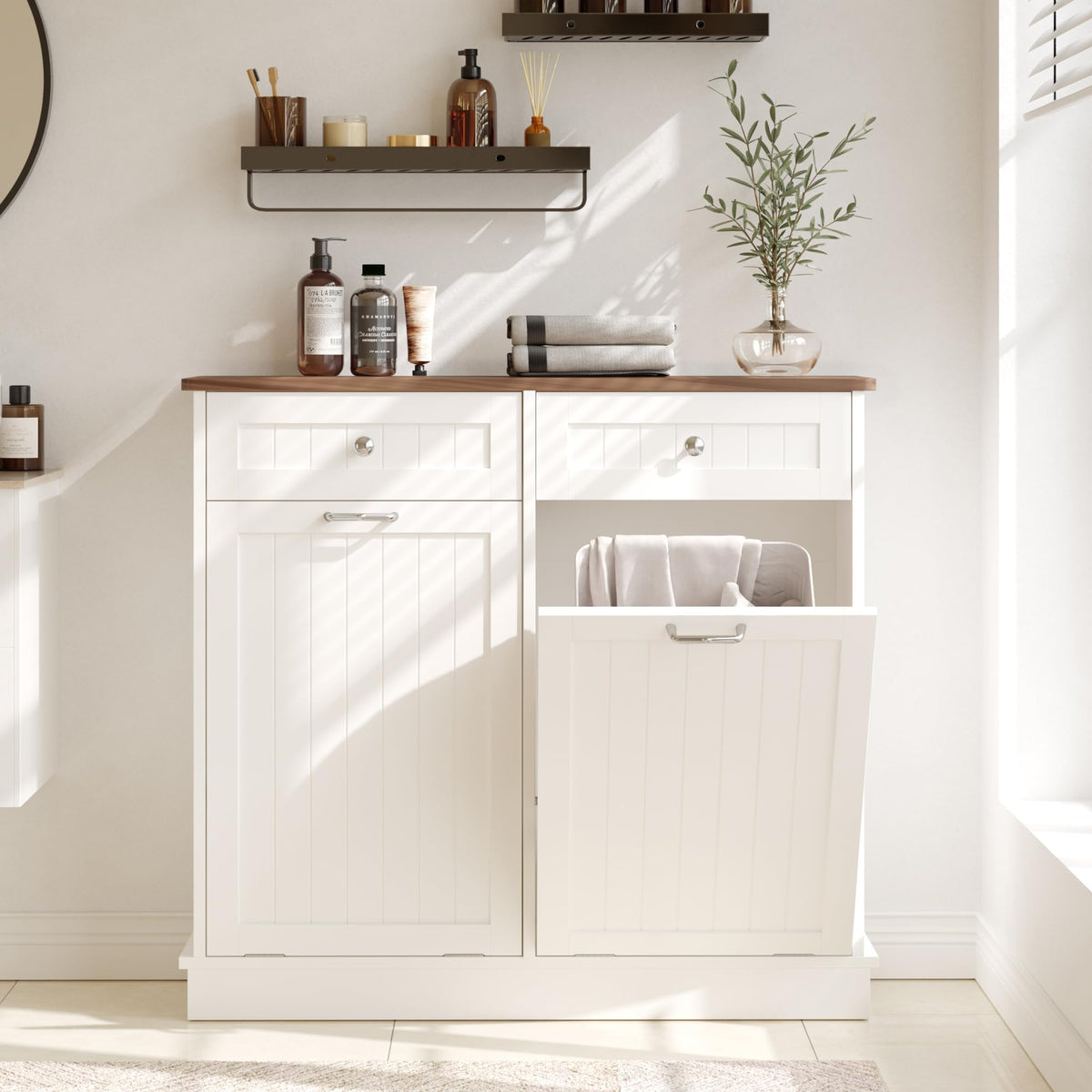 White Tilt Out Trash Can Cabinet B9455
