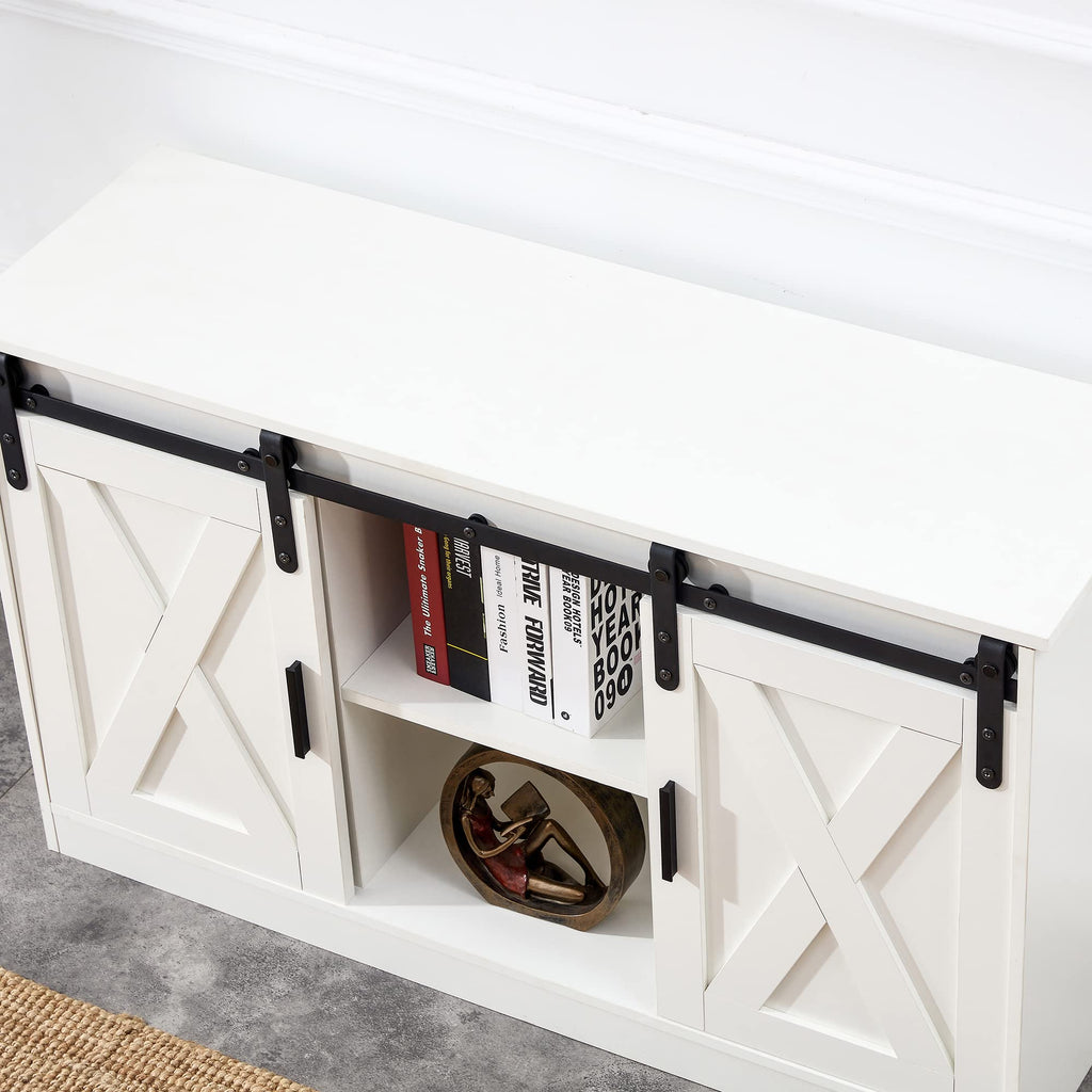White Farmhouse TV Stand with Sliding Barn Door and Storage Cabinets S5044