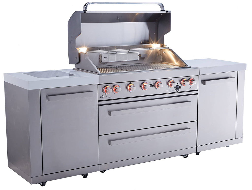 94"W Stainless Steel Modular Outdoor Kitchen Island with 6-Burner Gas Grill and White Granite Countertops K448289