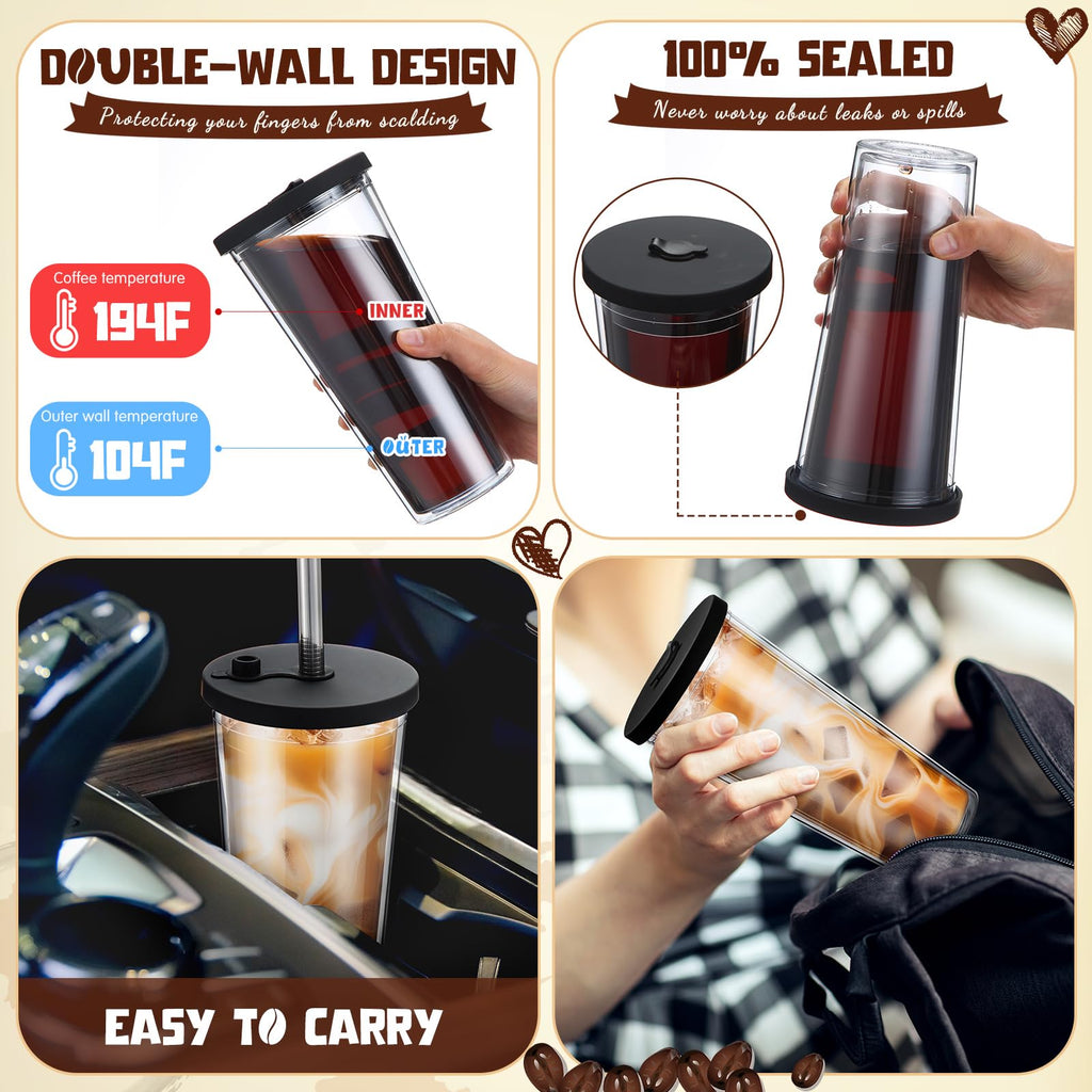 2 Pack 24 oz Clear Plastic Insulated Tumblers with Lids and Straws K3781