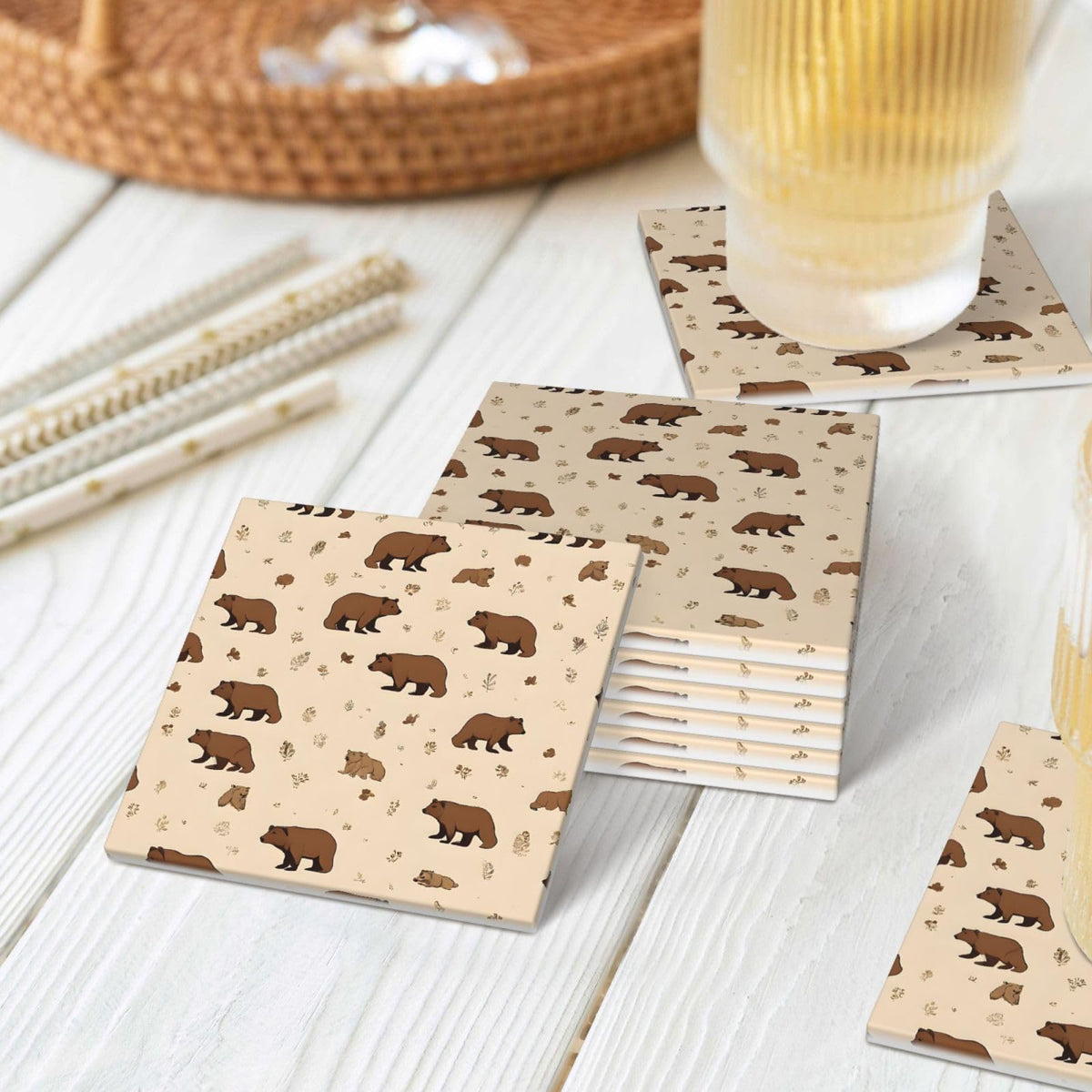 Square Cartoon Bear Ceramic Coasters Set of 6 K928