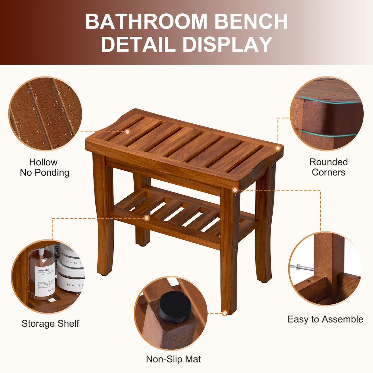 Teak Shower Bench Stool with Storage Shelf U9765