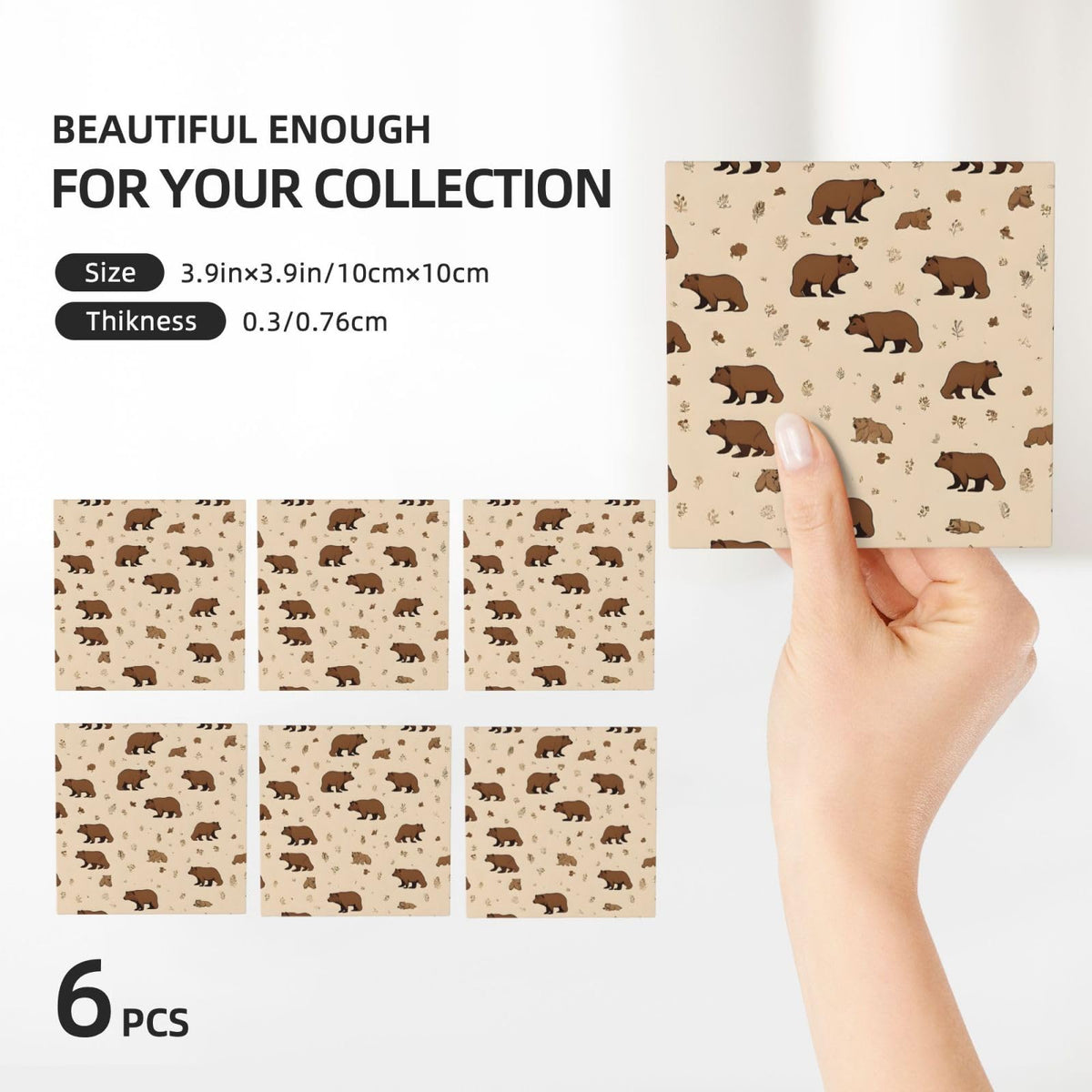 Square Cartoon Bear Ceramic Coasters Set of 6 K928