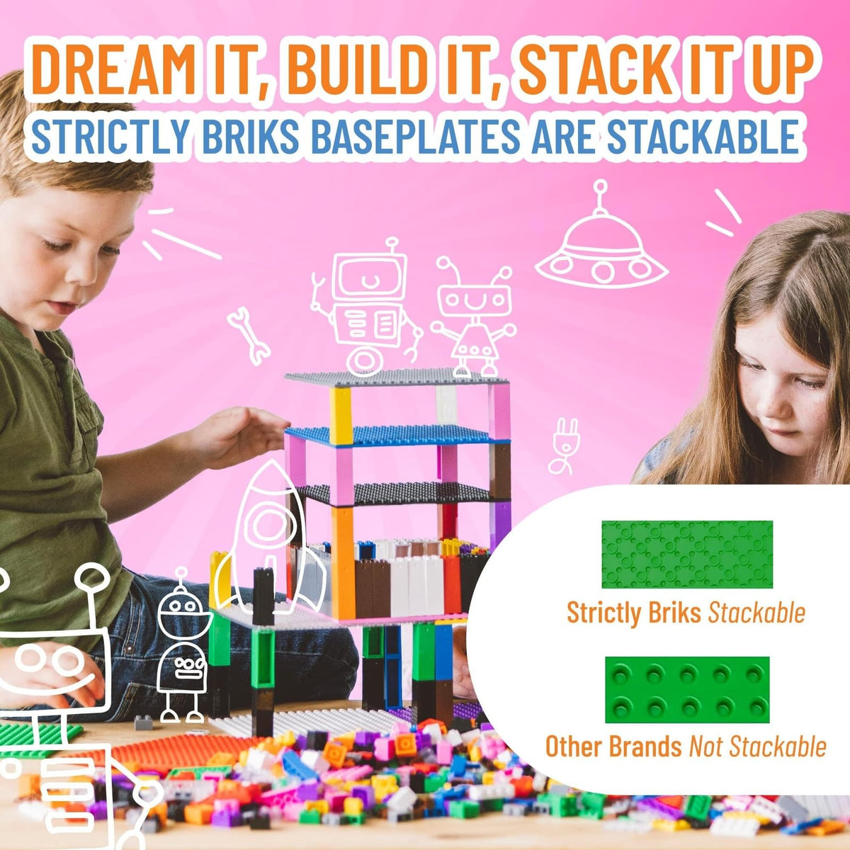 10 x 10 in 6 Baseplates with 50 Stackers Building Toy Blocks M18132