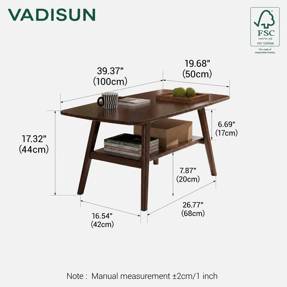 Solid Wood 2-Tier Coffee Table with Shelf Storage J648082