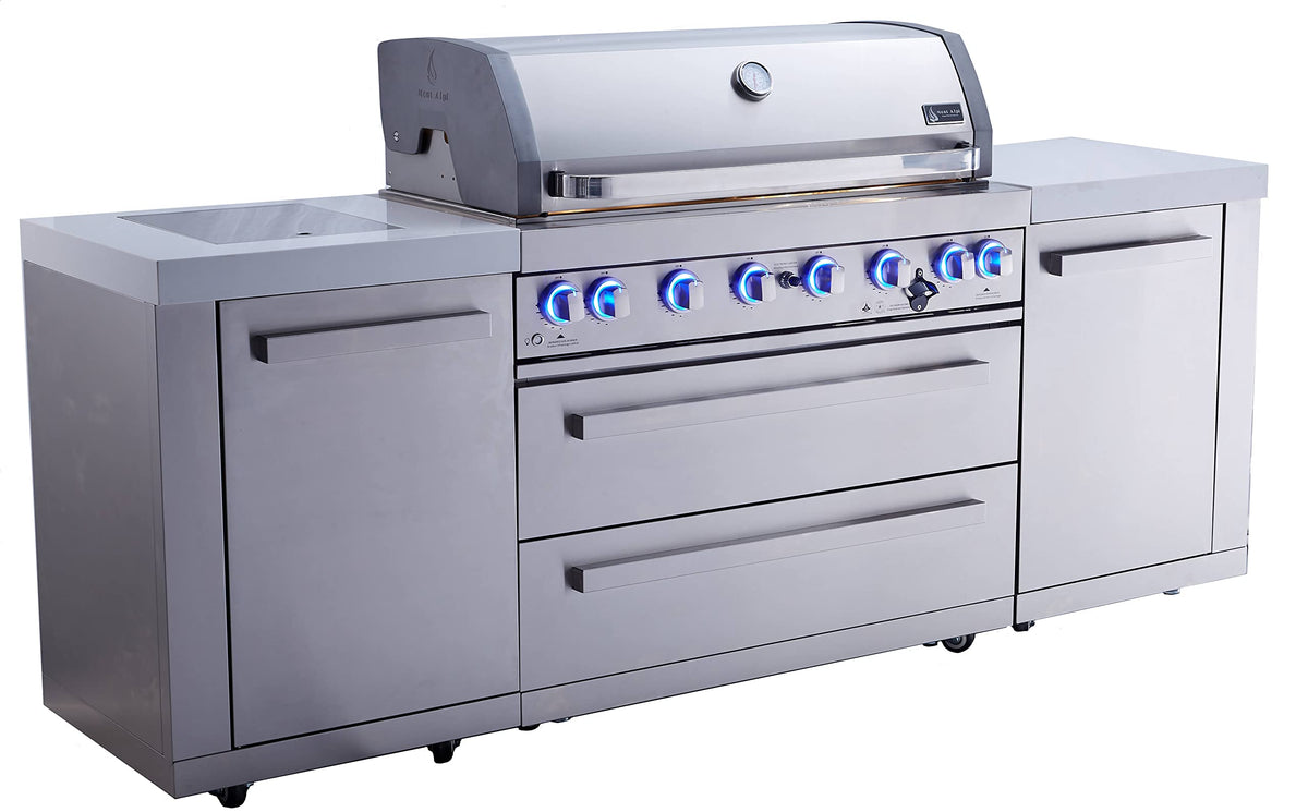 94"W Stainless Steel Modular Outdoor Kitchen Island with 6-Burner Gas Grill and White Granite Countertops K448289