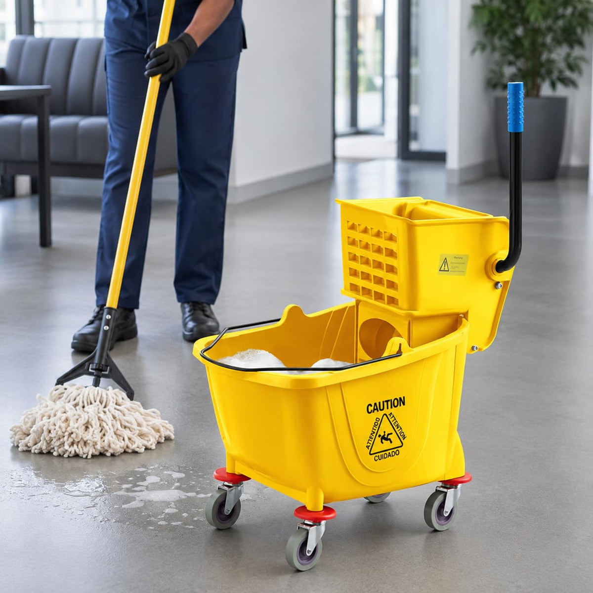 Yellow 35 Quart Mop Bucket with Wringer on Wheels U9544