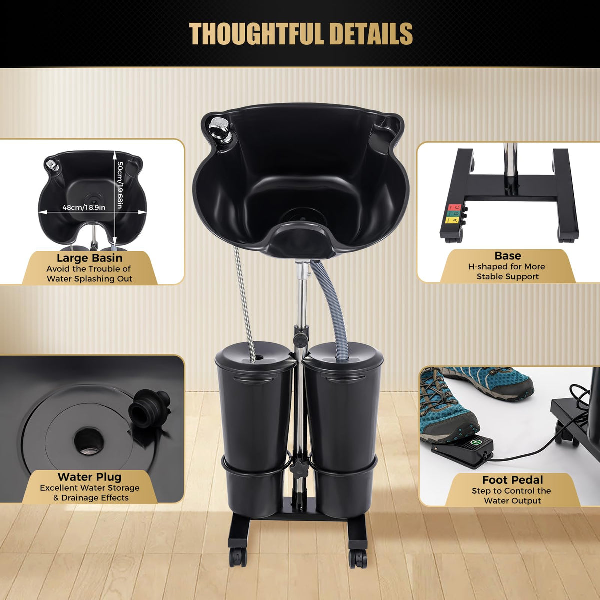 Portable Height and Angle Adjustable Shampoo Basin with 2 Water Buckets and 4 Wheels S717239