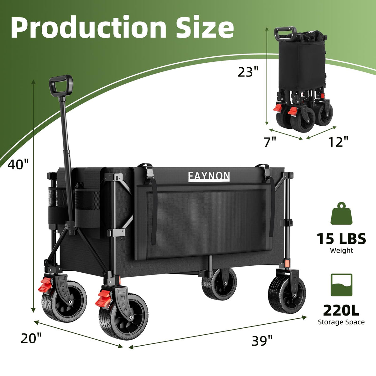 38" Collapsible Extended Wagon, 440lbs Capacity, 220L Heavy Duty Folding Cart, Black M231