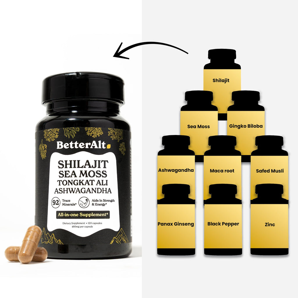 Shilajit Maca Root Ginkgo Biloba Sea Moss Ashwagandha Tongkat Ali Panax Ginseng Safed Musli & Zinc 20 Capsules Supplement G25687