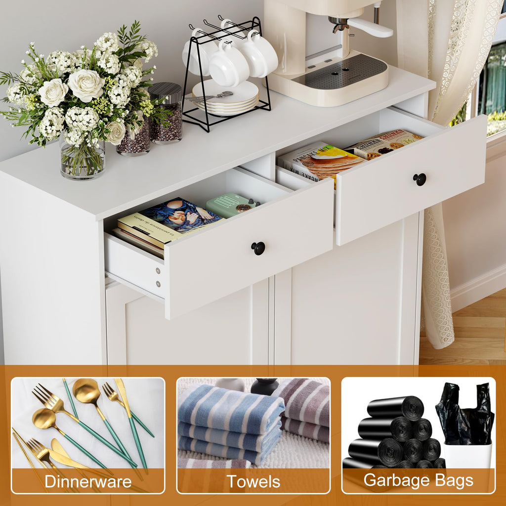 20 Gallon Double Tilt Out Trash Can Cabinet with Hidden Drawers White P915861