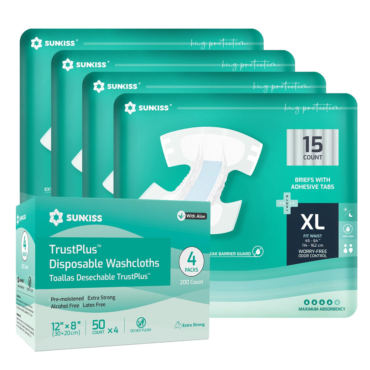 Adult Diapers XLarge 60 Count & Wet Wipes 200 Count Bundle W633