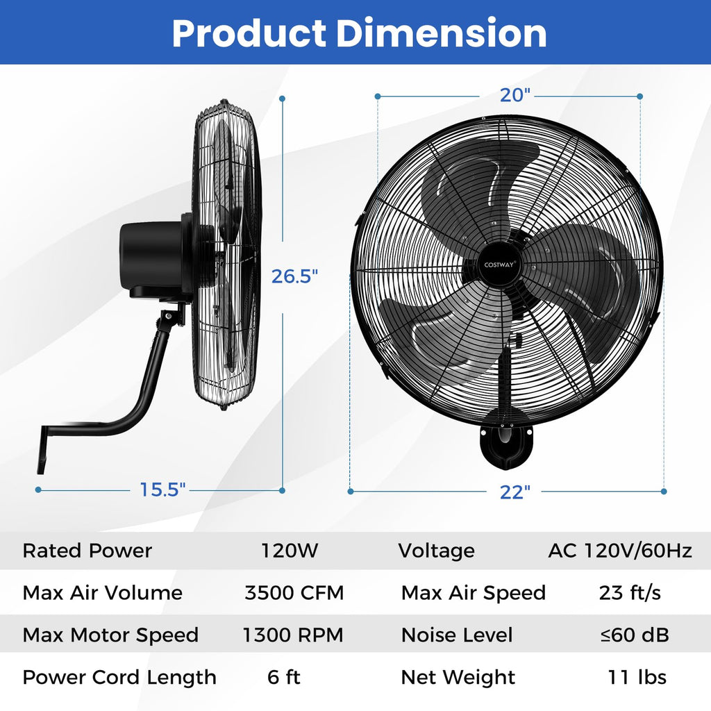 20-inch 3 Speed Metal Wall Mount Fan Z666