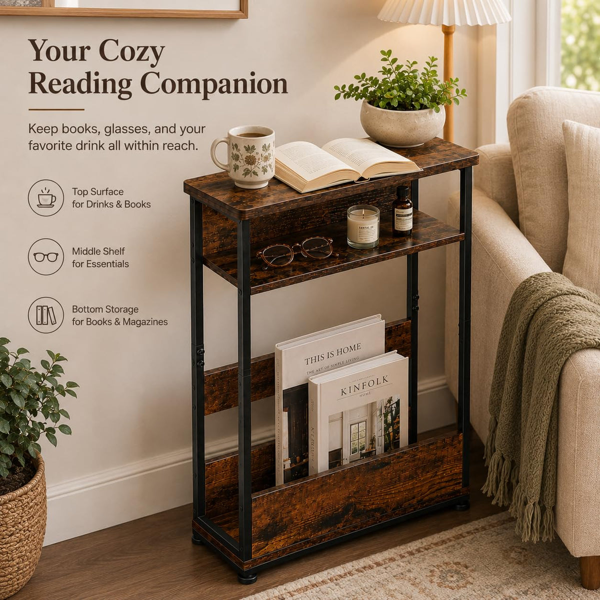 Narrow 3-Tier Side Table with Storage Shelf H90361