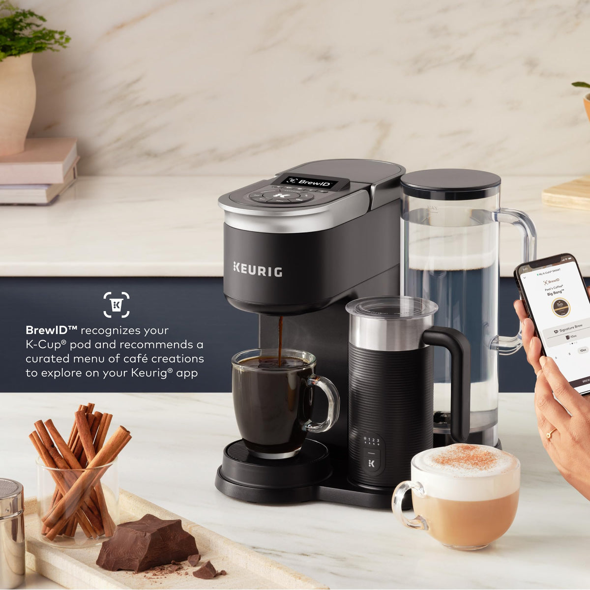 Single Serve Coffee Maker with Built-In Frother, 6 Brew Sizes, Black T499026