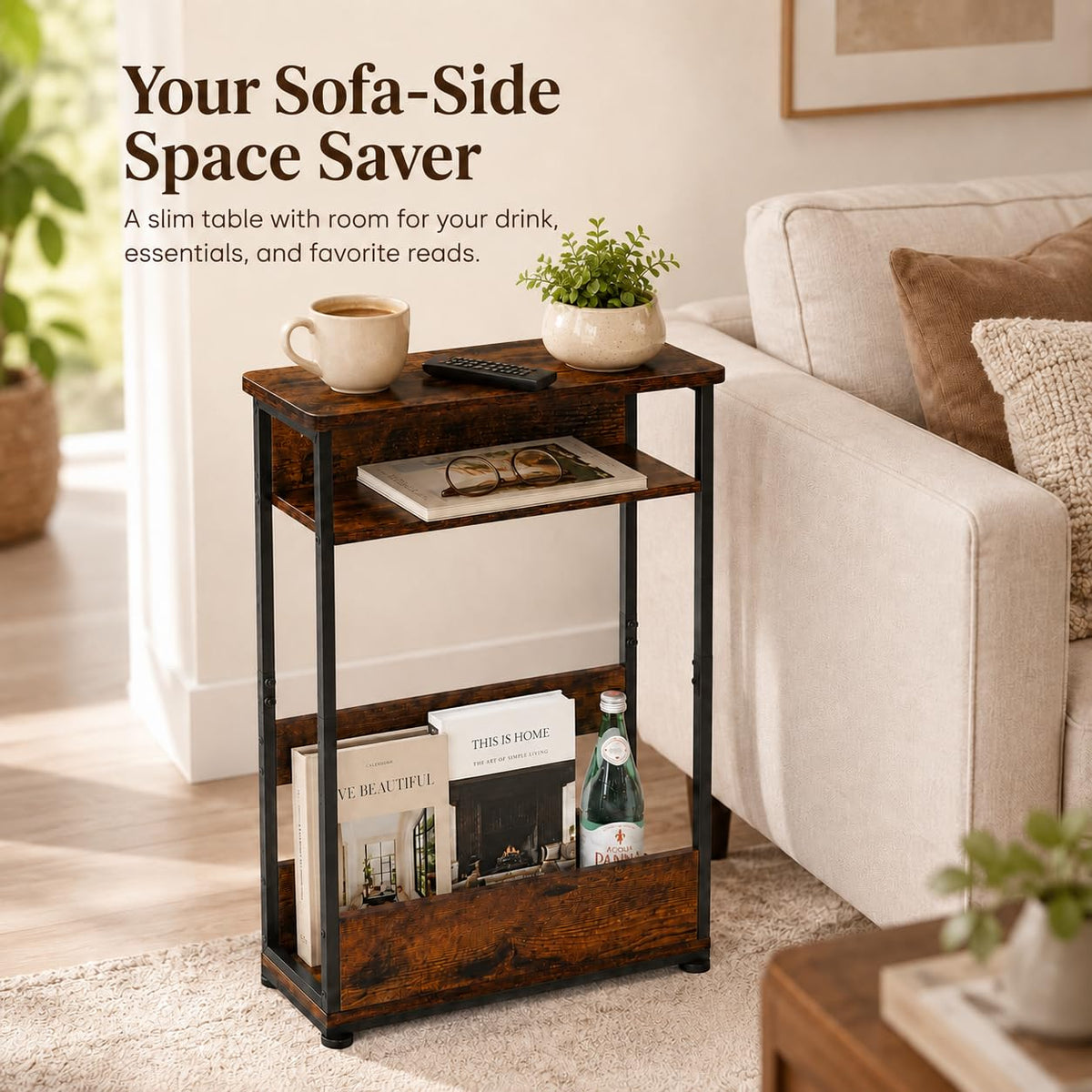 Narrow 3-Tier Side Table with Storage Shelf H90361
