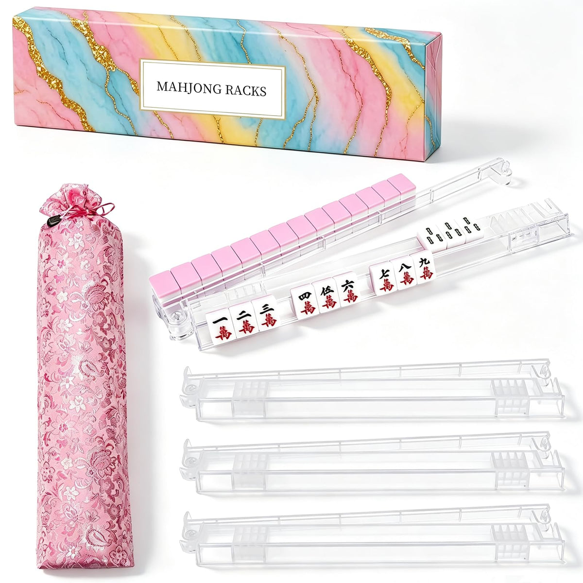 Set of 4 Non-Slip Clear Acrylic Mahjong Racks with Pushers X273912