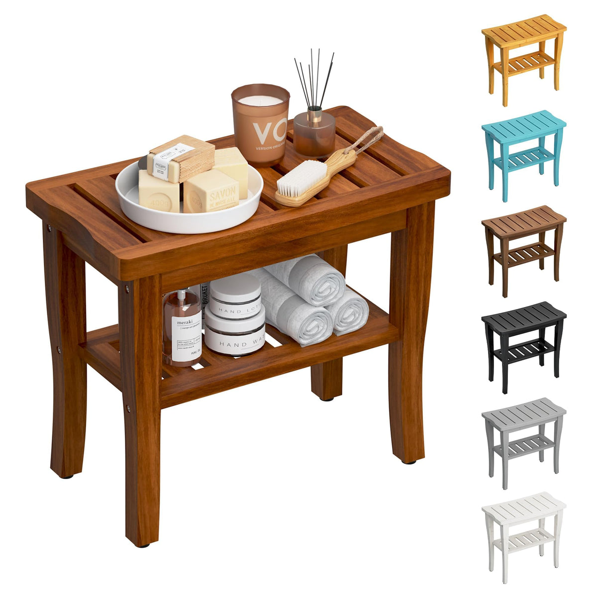 Teak Shower Bench Stool with Storage Shelf U9765