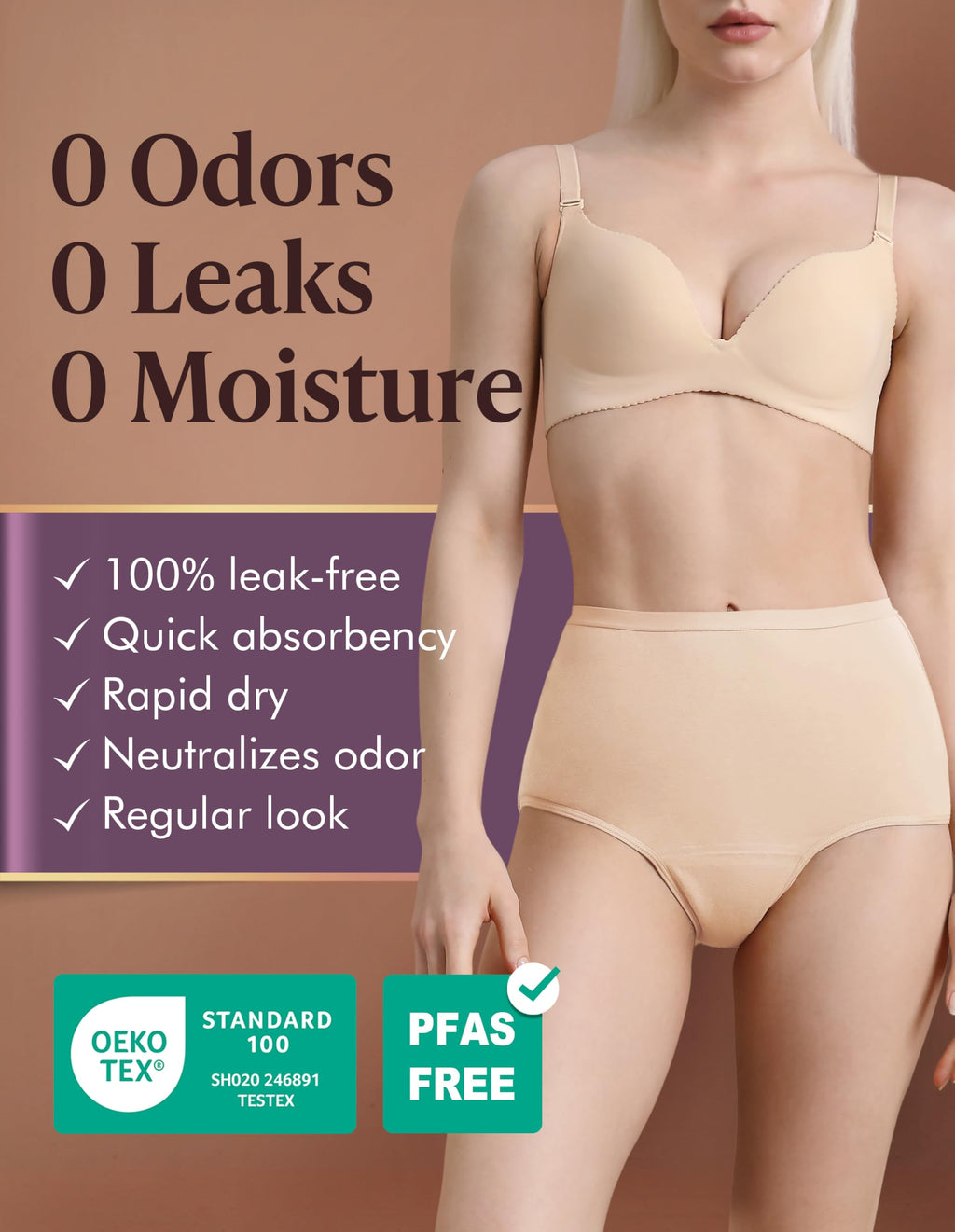 Washable Absorbency Urinary Incontinence Underwear for Women High Waist Leak Proof Panties 60ML, 3 Pack Beige White K435