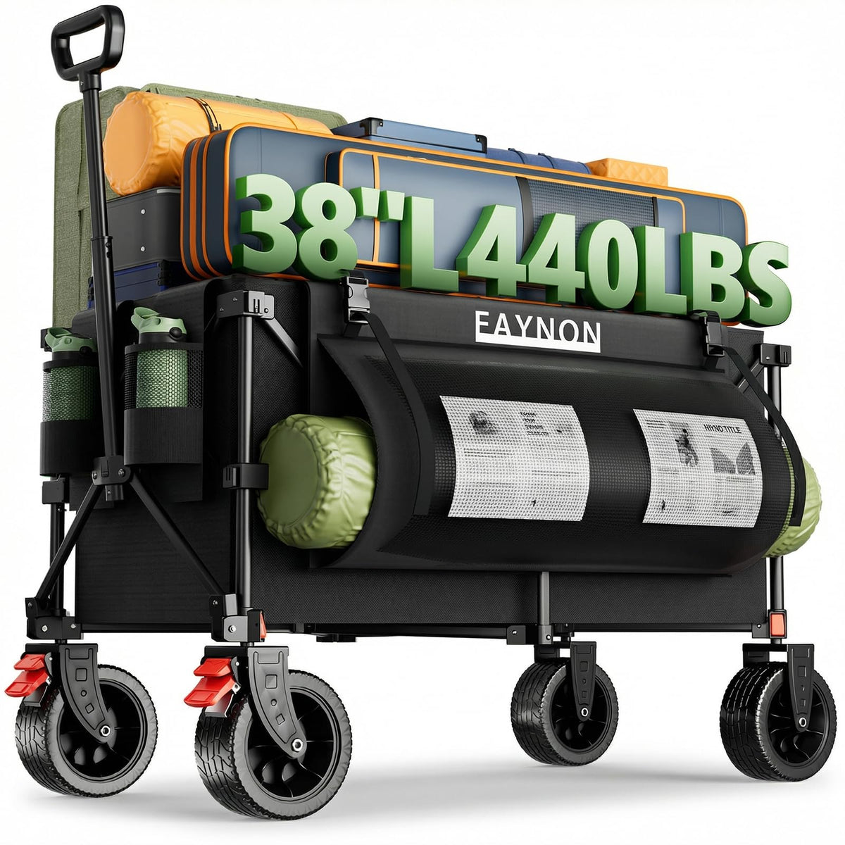 38" Collapsible Extended Wagon, 440lbs Capacity, 220L Heavy Duty Folding Cart, Black M231