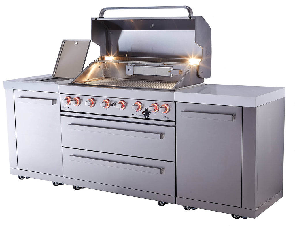 94"W Stainless Steel Modular Outdoor Kitchen Island with 6-Burner Gas Grill and White Granite Countertops K448289