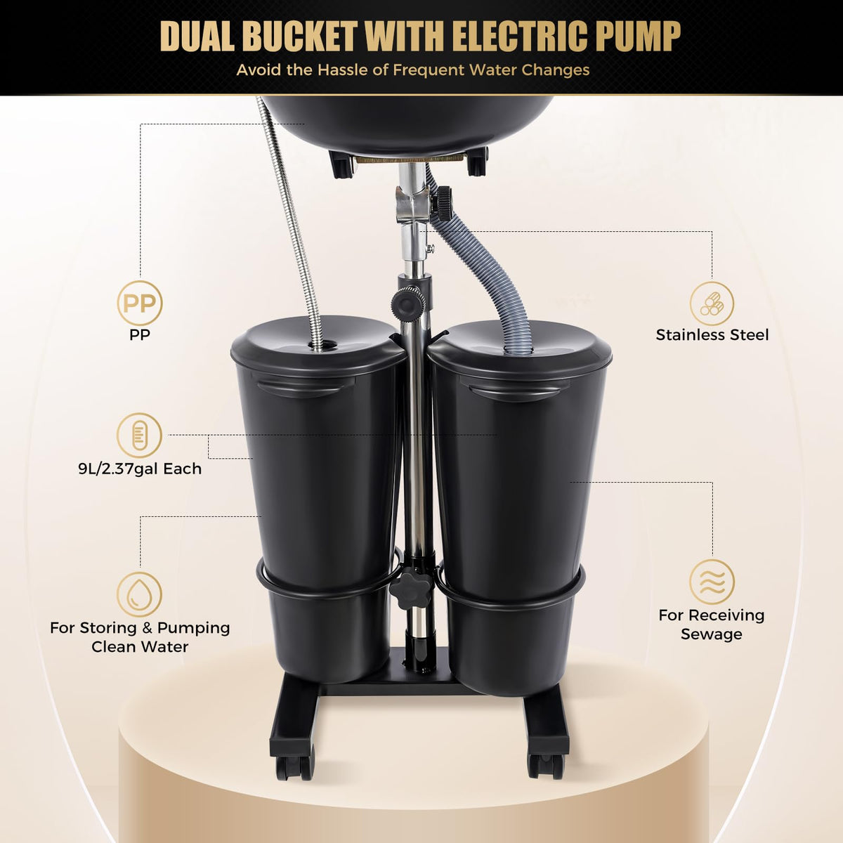 Portable Height and Angle Adjustable Shampoo Basin with 2 Water Buckets and 4 Wheels S717239