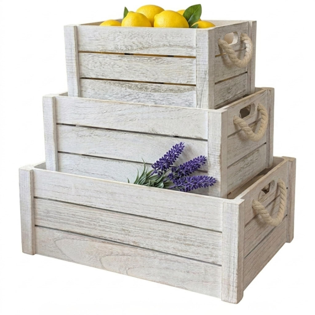 Set of 3 White Wooden Nesting Storage Crates Y79667