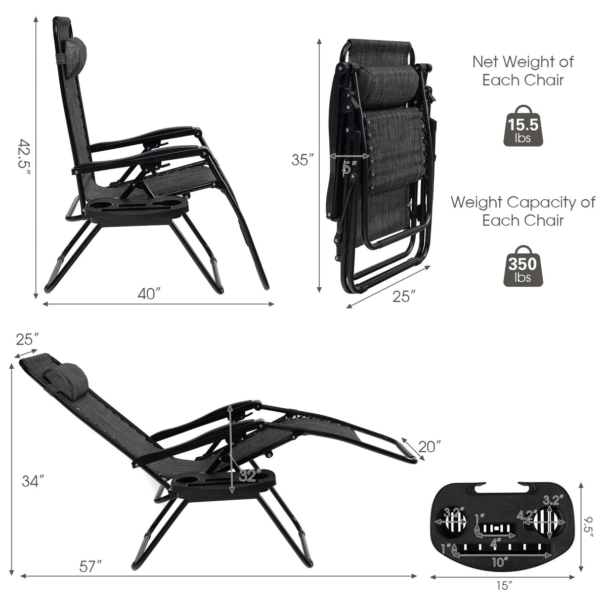 Zero Gravity Lounge Chairs Set of 2 Gray H86472