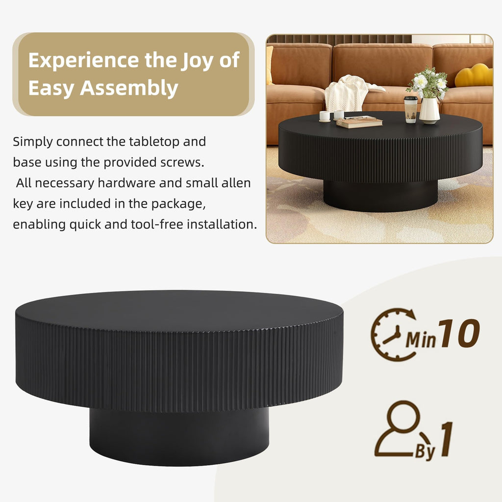 Round Coffee Table, 31.5" Fluted Pedestal Wood Table, Black J625