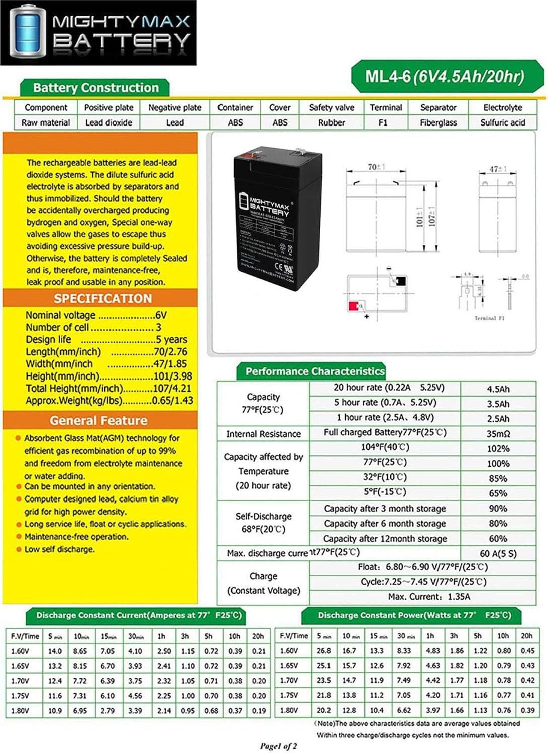 6V 4.5AH SLA Battery 2 Pack G44730