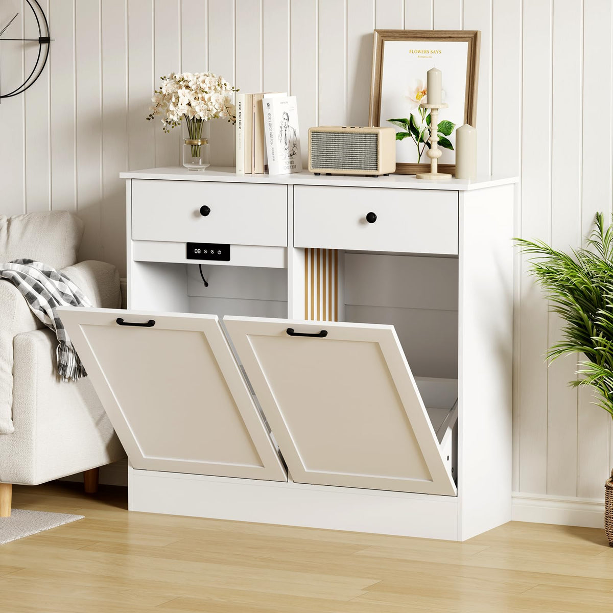 20 Gallon Double Tilt Out Trash Can Cabinet with Hidden Drawers White P915861
