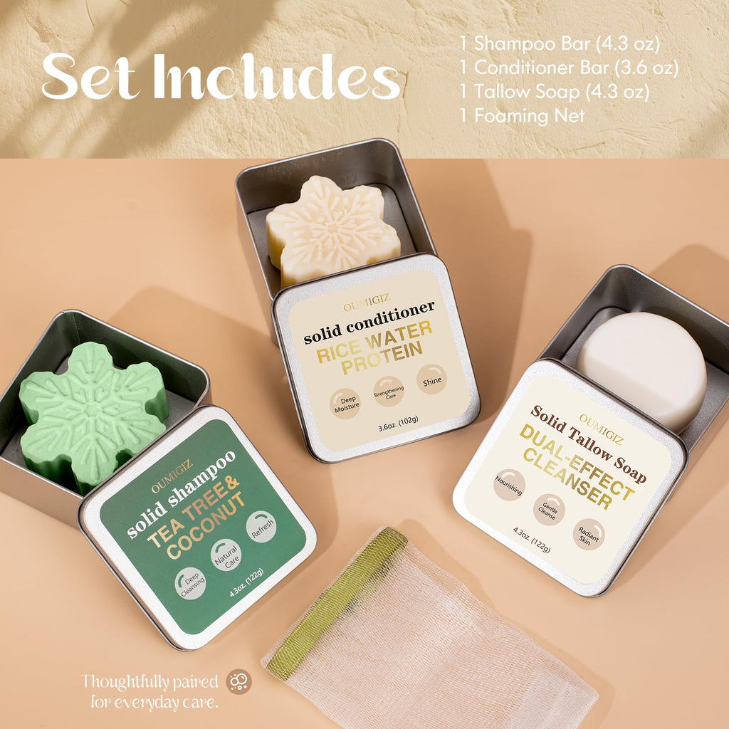 Tea Tree Clarifying Shampoo Bar & Rice Water Protein Conditioner Bar Set 2 pack C554