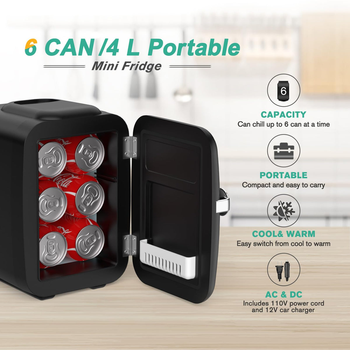 4 Liter 6 Can Portable Cooler and Warmer Mini Fridge H421