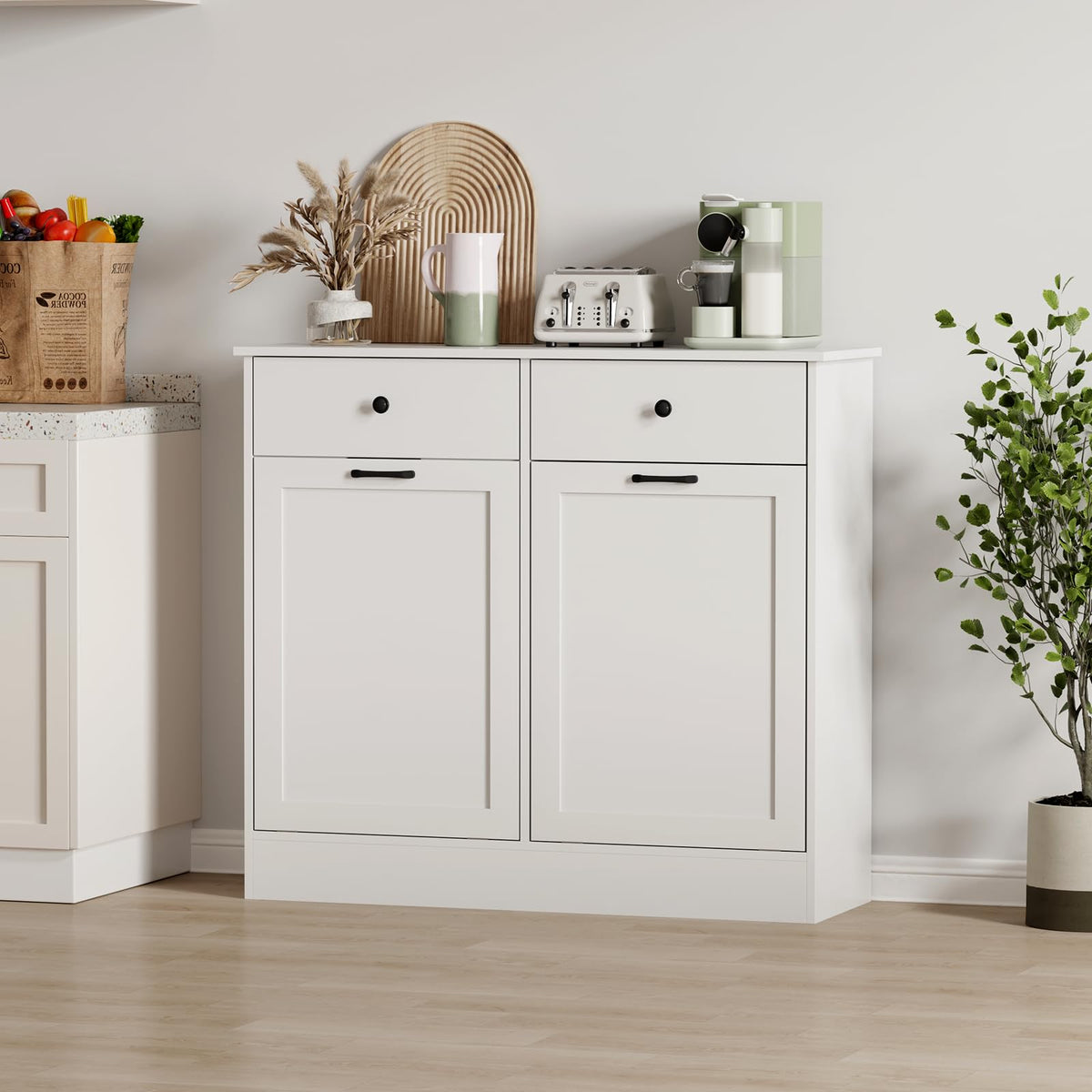 20 Gallon Double Tilt Out Trash Can Cabinet with Hidden Drawers White P915861