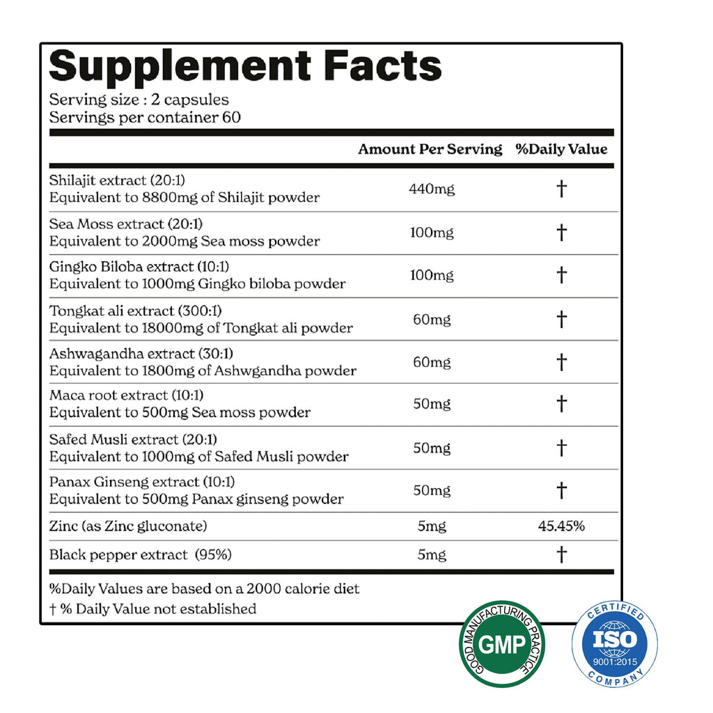 Shilajit Maca Root Ginkgo Biloba Sea Moss Ashwagandha Tongkat Ali Panax Ginseng Safed Musli & Zinc 20 Capsules Supplement G25687